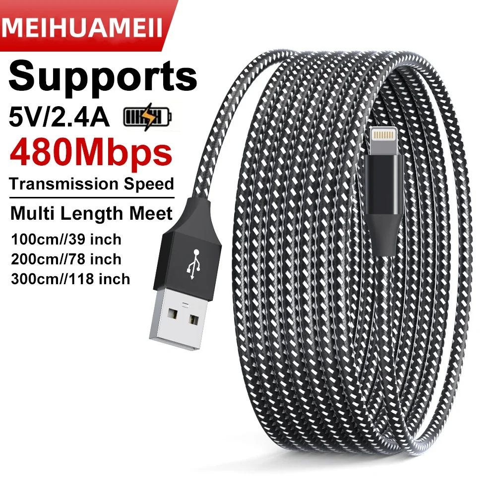 USB a to Lightning Cable 1M 2M 3M Fast Charging Durable Nylon Braided Cord 12W 480Mbps Compatible with iPhone 14 13 12 11