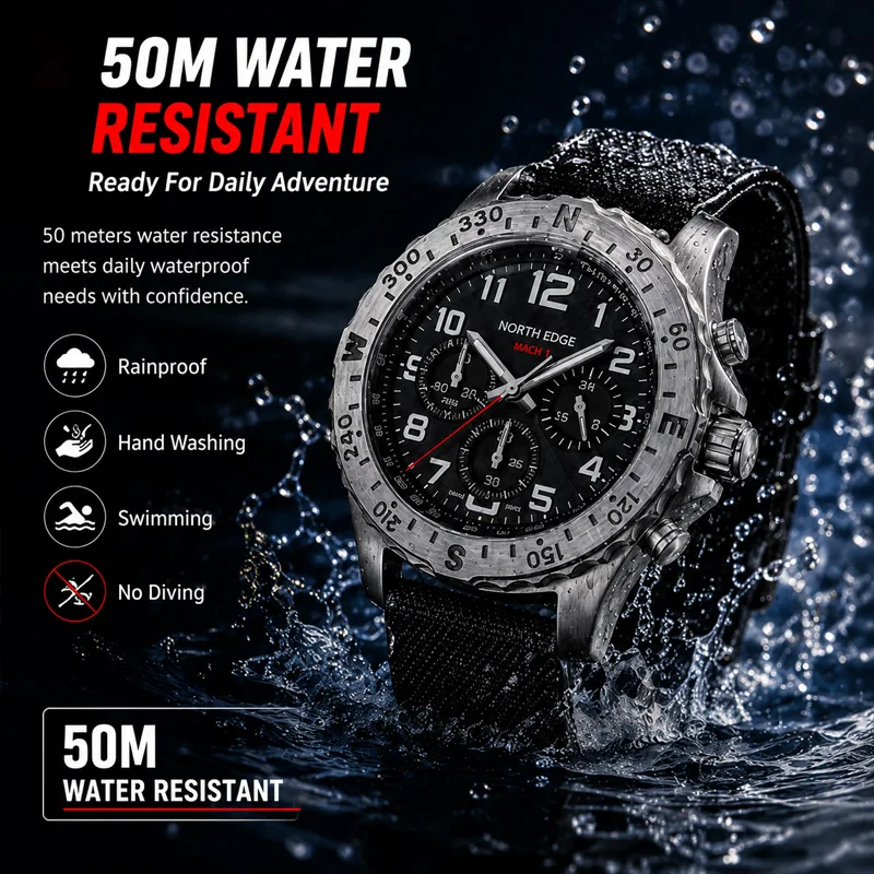 NORTH EDGE MACH 2 Men's Watches Solar Power 316 stainless steel Case Quartz Watch For Men Pilot Waterproof 50M Stopwatch 2026New - view 4