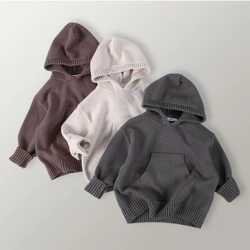 

Girl Hooded Toddler Knitwear Coat Front Pocket Fine Knit Children Boys Girl Sweaters Hoodie Knit Pullover Loose Style