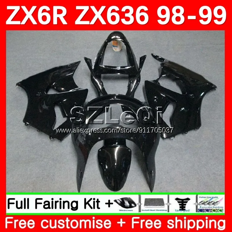 Body + Decal For KAWASAKI NINJA ZX 6R 636 6 R ZX-636 600 CC ZX6R Glossy Black 98 99 99No.2 ZX600 ZX-6R ZX636 1998 1999 Fairing