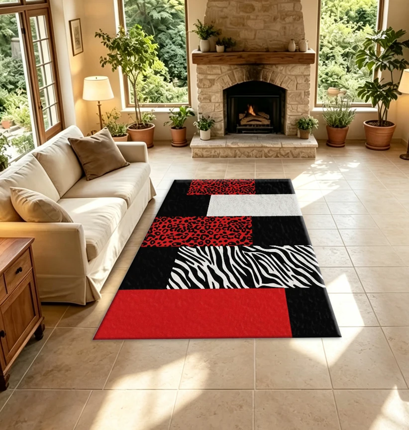 Red Leopard Zebra Stripe Patchwork Carpet Floor Mat Animal Pattern Geometric Splicing Floor Mat Fashionable Modern Home Carpet