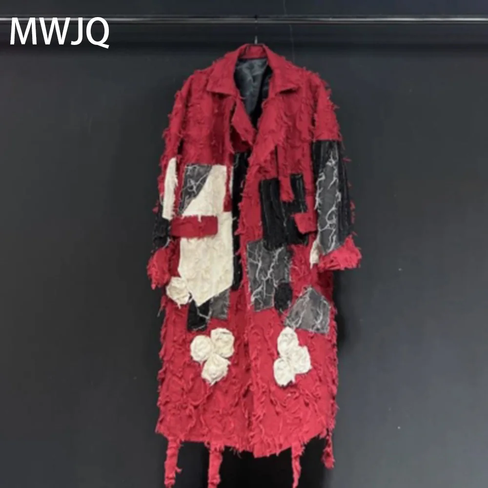 

MWJQ Male Embroidery Rough Edge Design Trench High Street Long Silhouette Clothing Lace Up Spliced Single Breasted Tops 010395