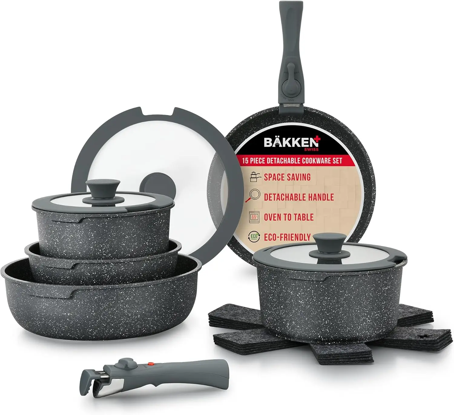 

Granite Non-Stick – Eco-Friendly – stackable Removable Handles – for All Stoves & Oven-Safe - marble Black coating