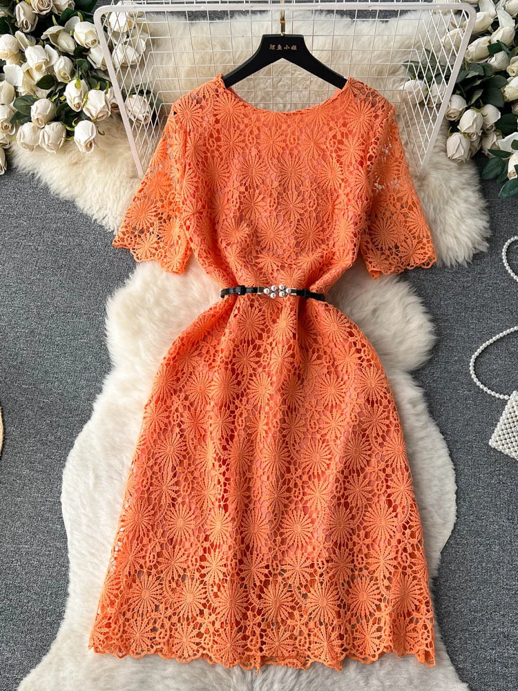 

Women Elegant Vintage Hollow Lace A-line Dress Summer High Waist Slim Party Vacation Round Neck Short Sleeve Dresses