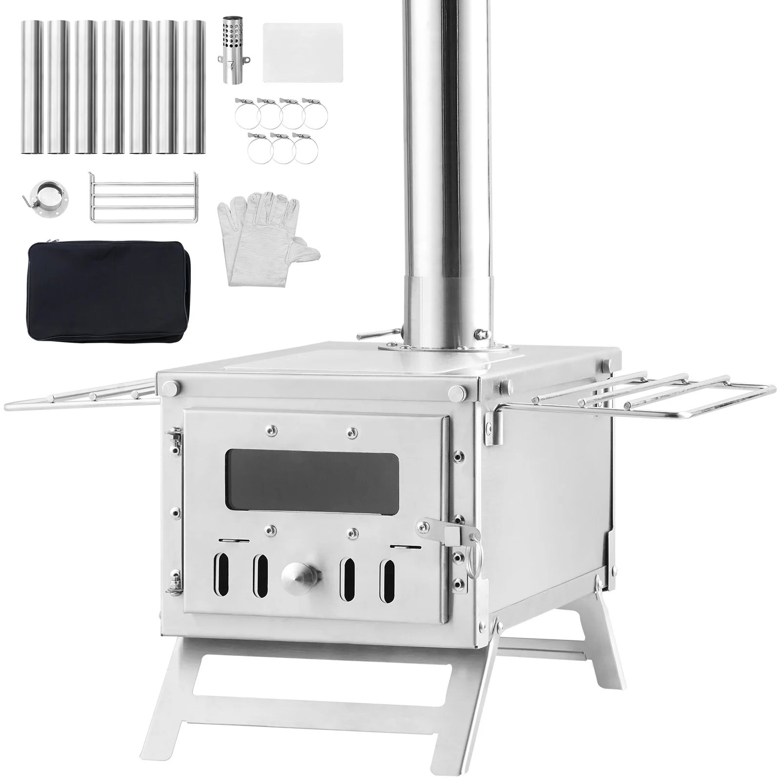 Wood Stove, 80 inch, 700in³Firebox Hot Tent Stove for Outdoor Cooking and Heating with 8 Pipes, Stainless Steel Camping Tent Stove, Portable Wood Burning Stove with Chimney Pipes & Gloves
