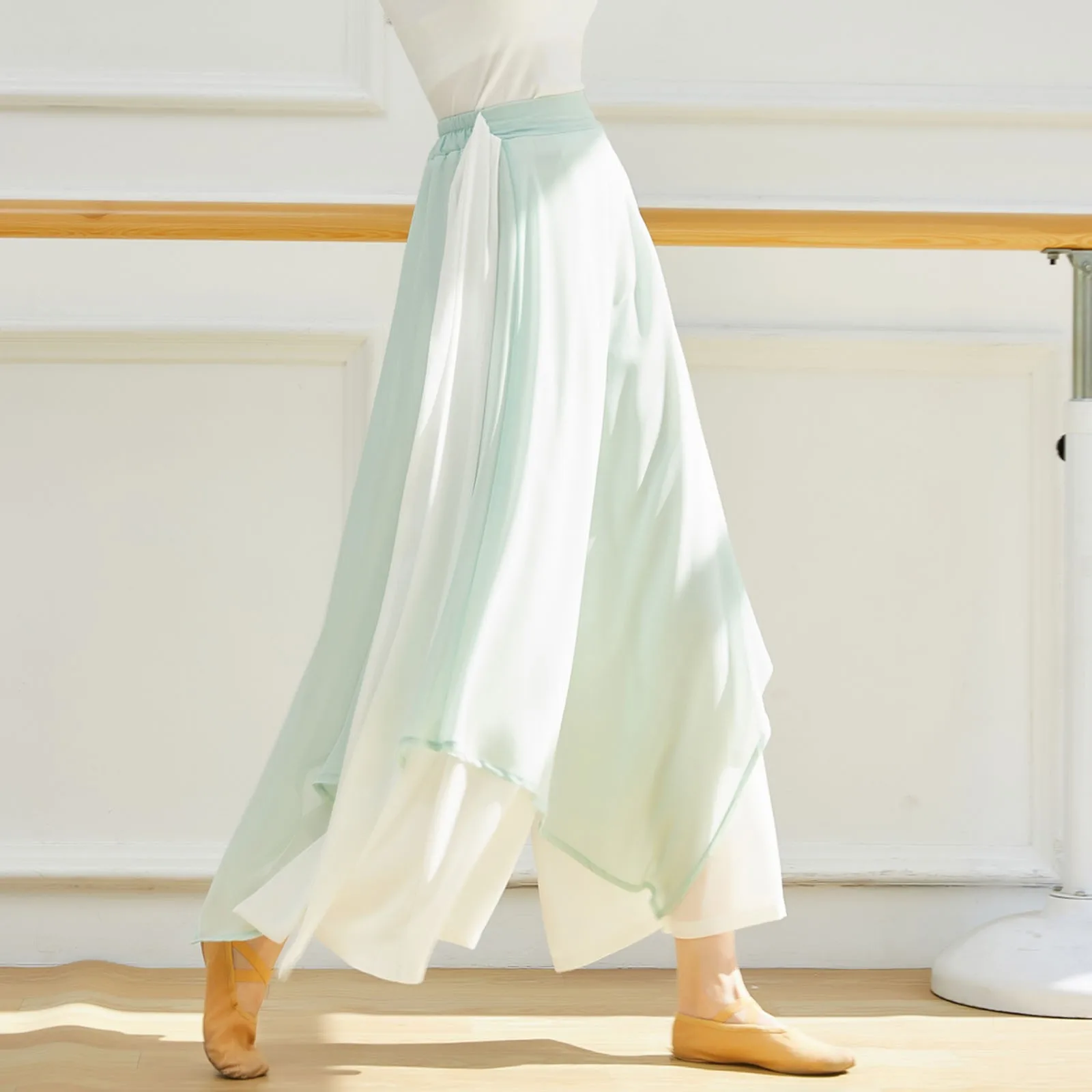 China Dance Chiffon Culottes Wide Leg Harem Skort Pant Flowy Classical Dance Folk Yangko Dancer Practice Wear 2 Layers Fairy