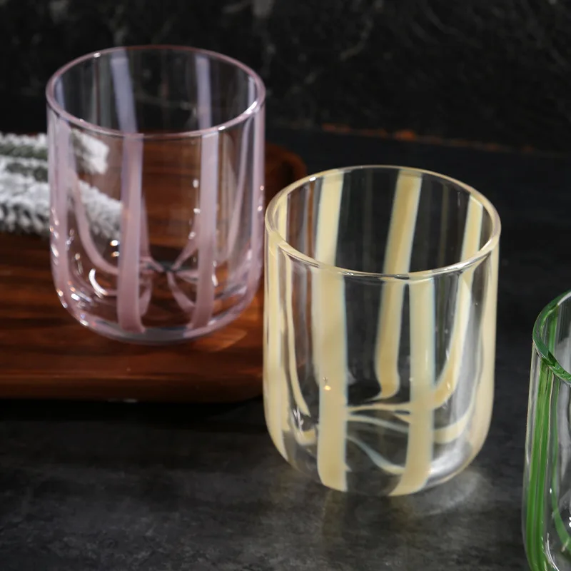 Colorful Glass Transparent Lines Threaded Cup with Rounded Mouth Coffee Milk Juice  Cup, Household Water Cup, Wine glass