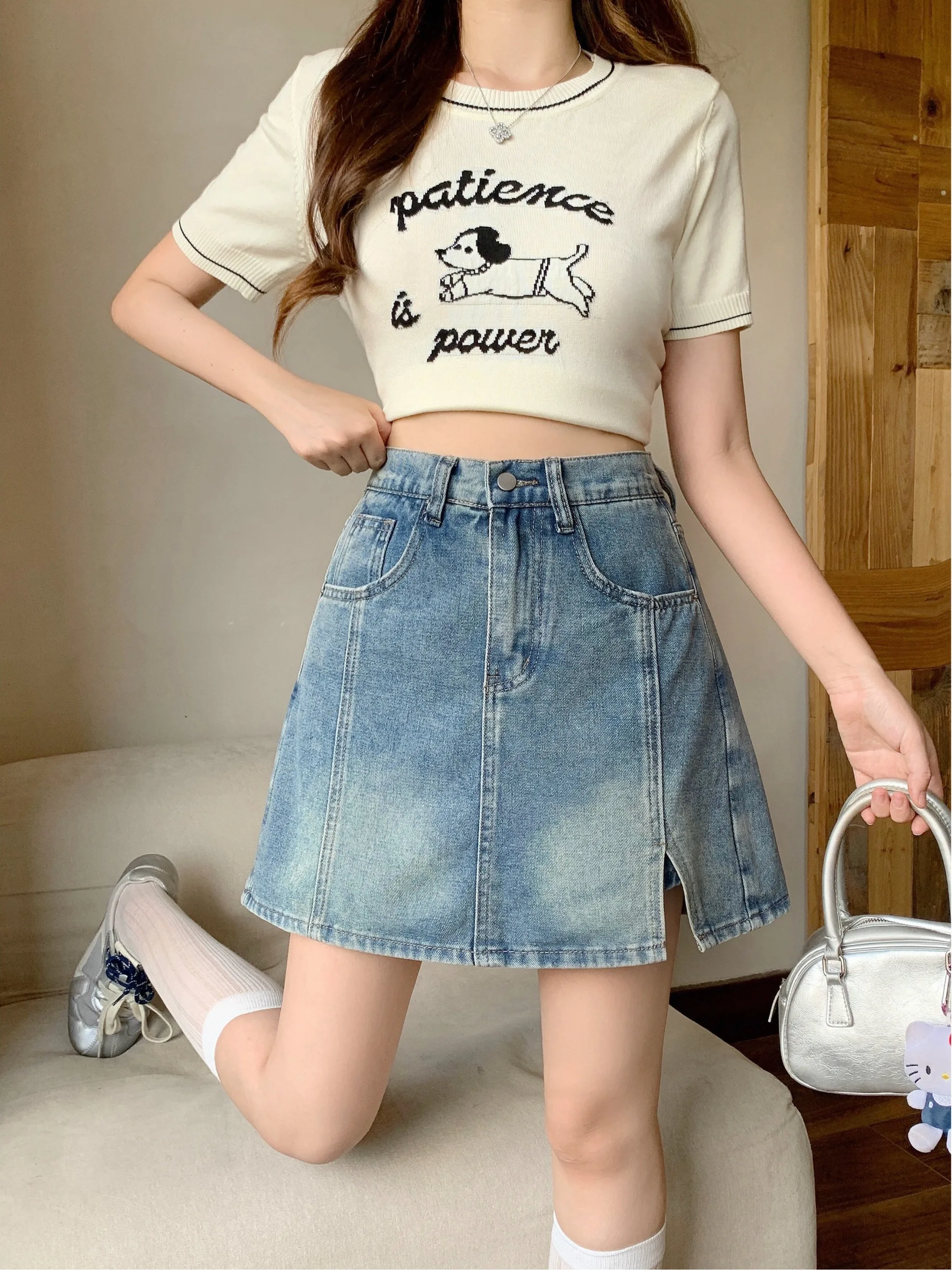 

plus Size Casual Versatile Summer Slit A-Line Denim Skirt Slimming Short Women's High Waist Anti-Light Levis Skirt