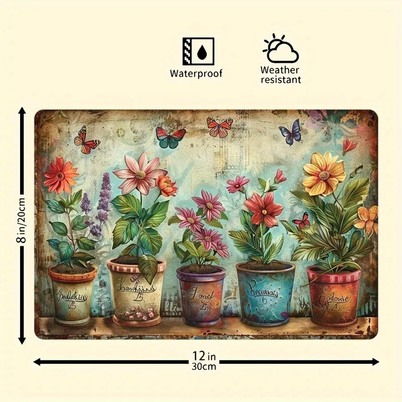 Charming Vintage Garden Metal Sign - Rustic Potted Plants & Colorful Flowers Design, Durable Iron Wall Art for Home Office Decor