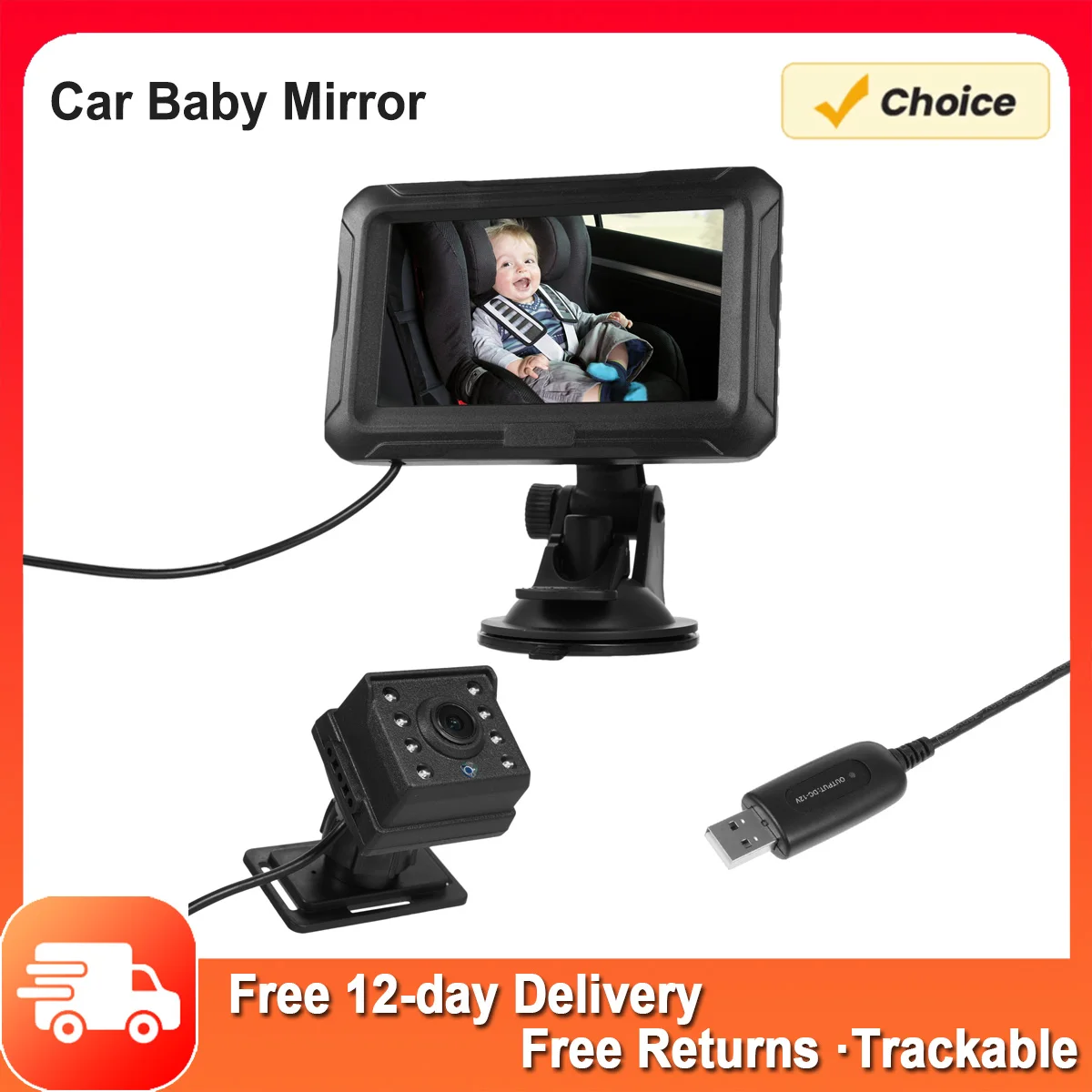 Baby Car Mirror 1080P Baby Monitor with Night Vision 150° Wide View Angle for Infants Kids with Camera USB Plug 4.3