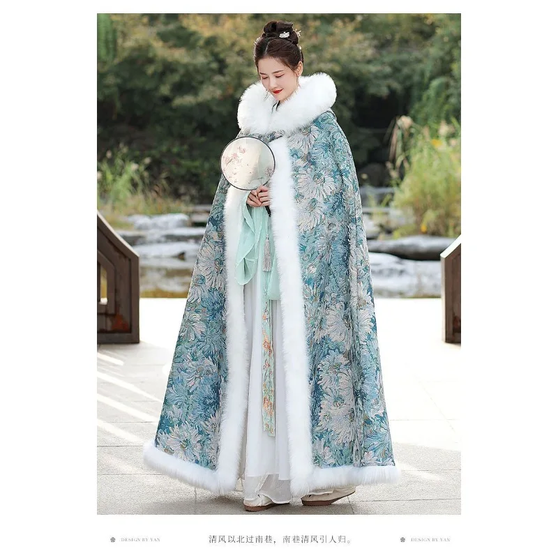 الموضة والفردية Hanfu كيب كيب شال فرو الشتاء الفراء طوق سميكة ودافئة طويلة النمط الصيني معطف لشتاء المرأة