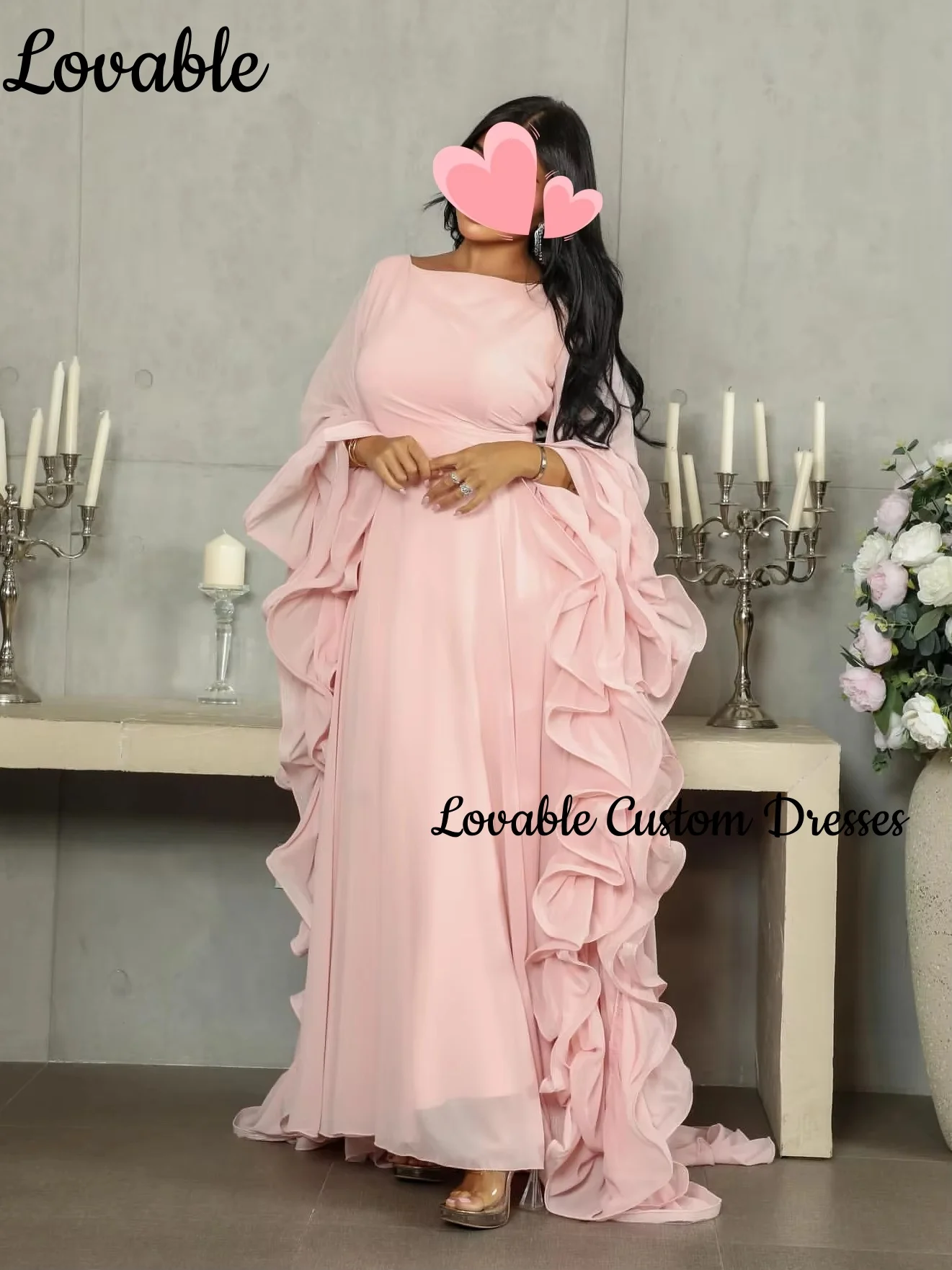 فستان حفلات الزفاف تخصيص العمود مغرفة العنق الطابق طول كشكش فساتين السهرة الفاخرة سستة حتى فساتين الأكمام الطويلة