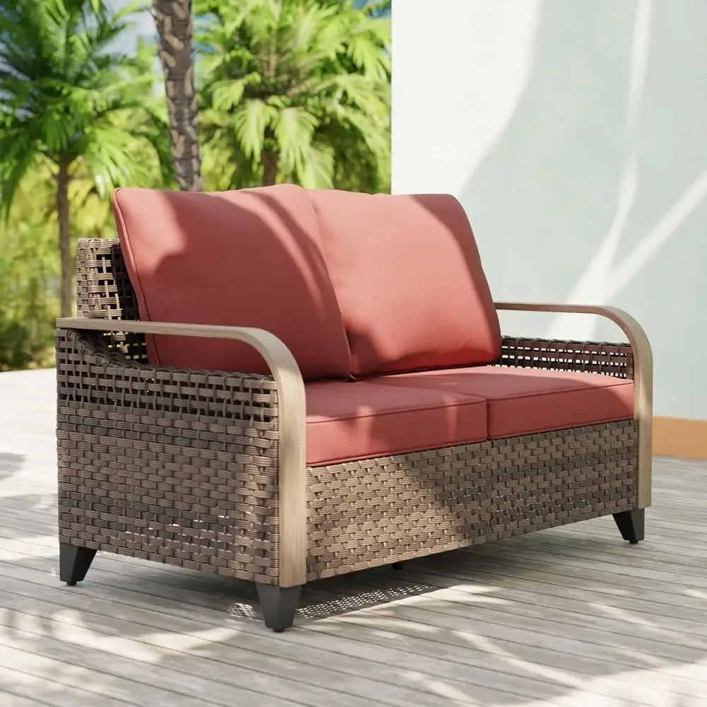 2-Seat Outdoor Rattan Loveseat for Patio, Deck, Porch or Balcony, Brown/Red