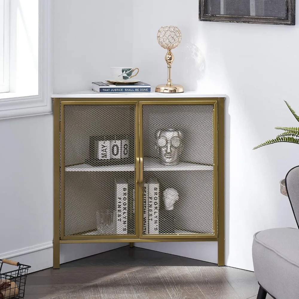 Corner table, 3-tier corner table, metal frame storage shelves with protective doors, suitable for small spaces, living room