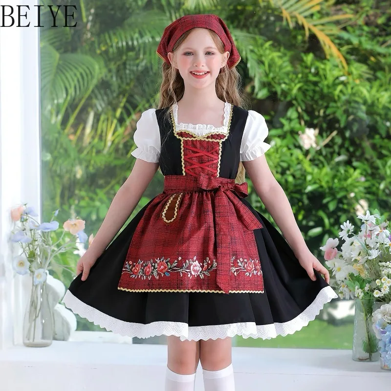 Puff Short Sleeve Floral Girls Dress Embroidery Apron Dress Kids German Bavarian Traditional Costume Halloween Party Outfit