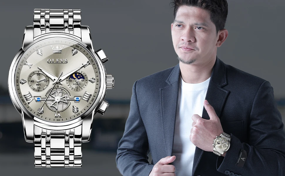 OLEVS 2856 Quartz Watch for Men Flywheel Skeleton Chronograph Moon Phase Multifunctional Stainless Steel Men's Wristwatches