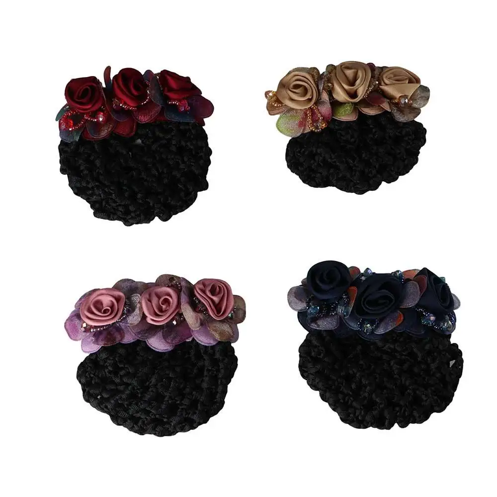 

Crochet Hair Clip Beaded Barrettes Spring Clip For Flight Attendant Flower Bun Snood Zircon Crystal Hairnet Cover Women Bun Net