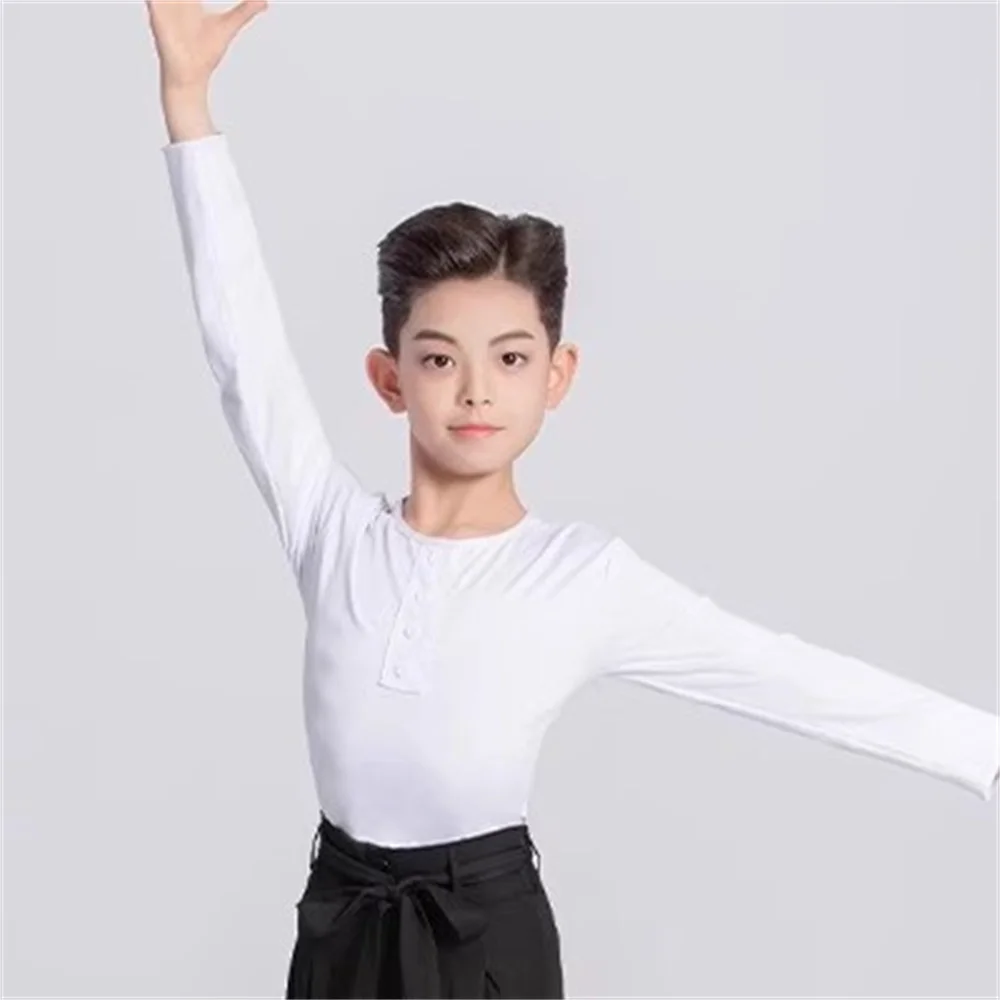 เสื้อเต้นรำแบบละตินติดกระดุมเสื้อเต้นรำสำหรับเด็กเสื้อผ้าเต้นรำบอลรูมสีขาวเสื้อผ้าเต้นซัลซ่า/ชา/รุมบ้าเด็กชายแขนยาวใหม่