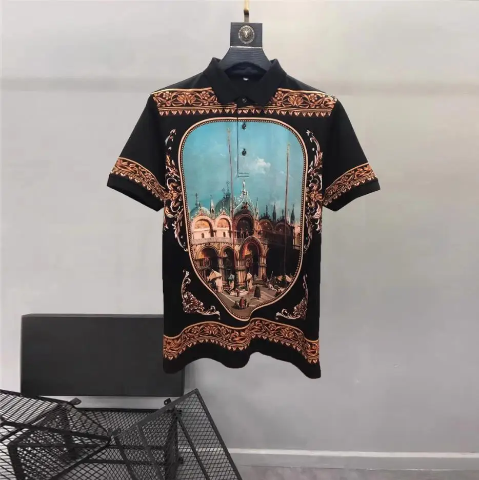 European and American men's 2023 summer new Lapel short sleeves fashion Palace Architecture print T-shirt