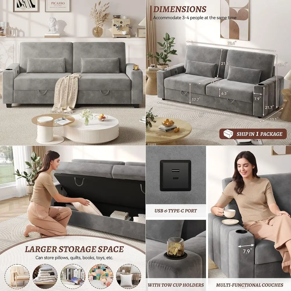 

88 Inch Modern Larger Sofa, Velvet Recliner Couch with Storage, Charging Ports, Side Piano Key Design, Comfy Heightened Backres
