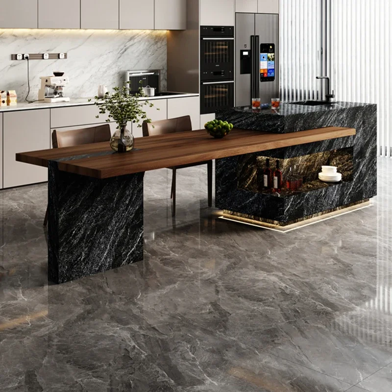 Luxury rock slab island dining table integrated household retractable open kitchen small apartment inverted table guide