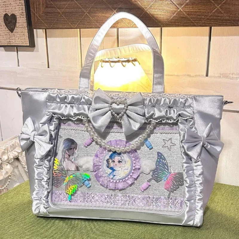 

Женская сумка в стиле Лолита с бантом, жемчужной кружевной отделкой, японским прозрачным окном, для демонстрации значков, милая сумка через плечо с рюшами