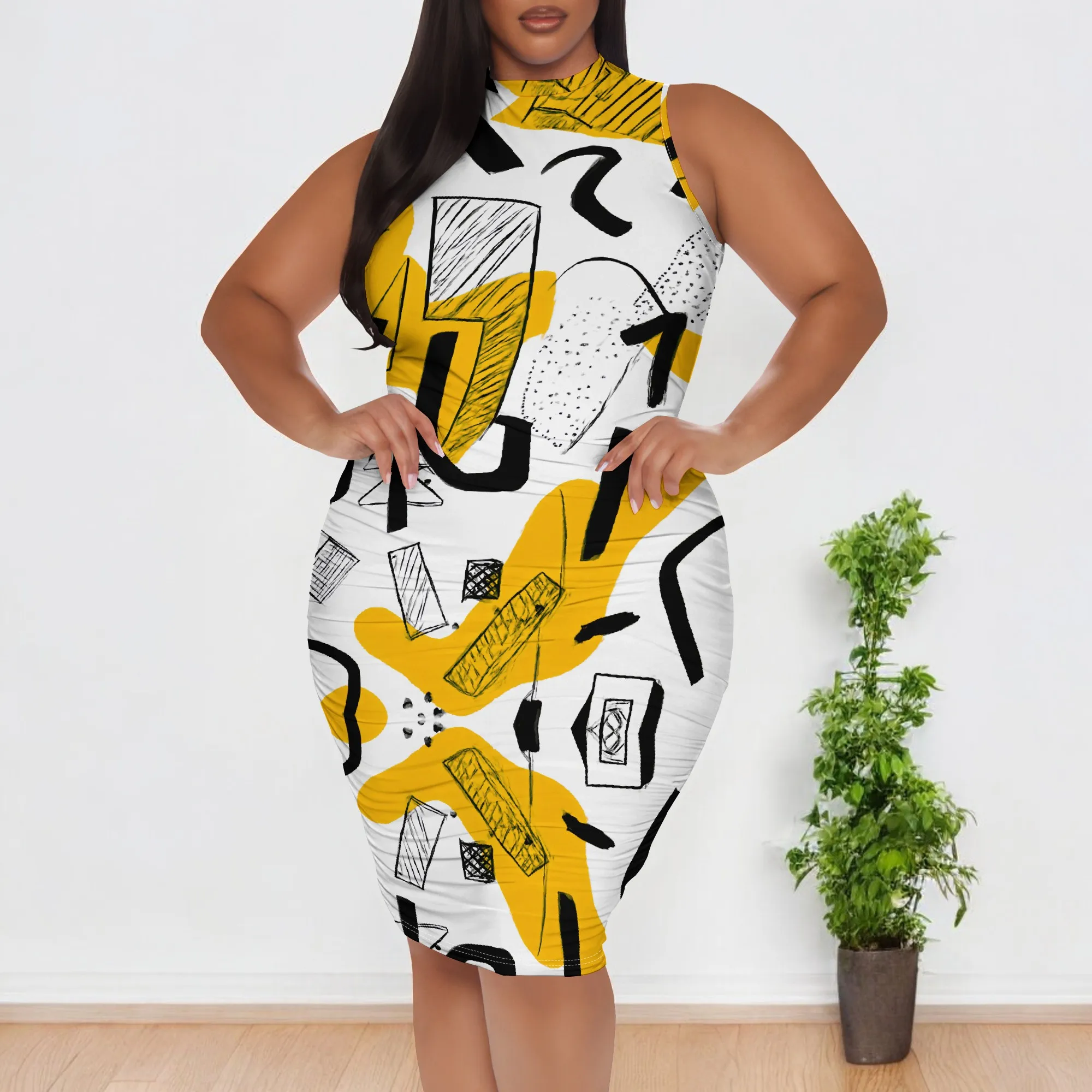 

Yellow Abstract Graffiti Print Bodycon Dress XL-6XL Sleeveless Midi Style for Art Gallery, Street Fashion or Creative Party Look