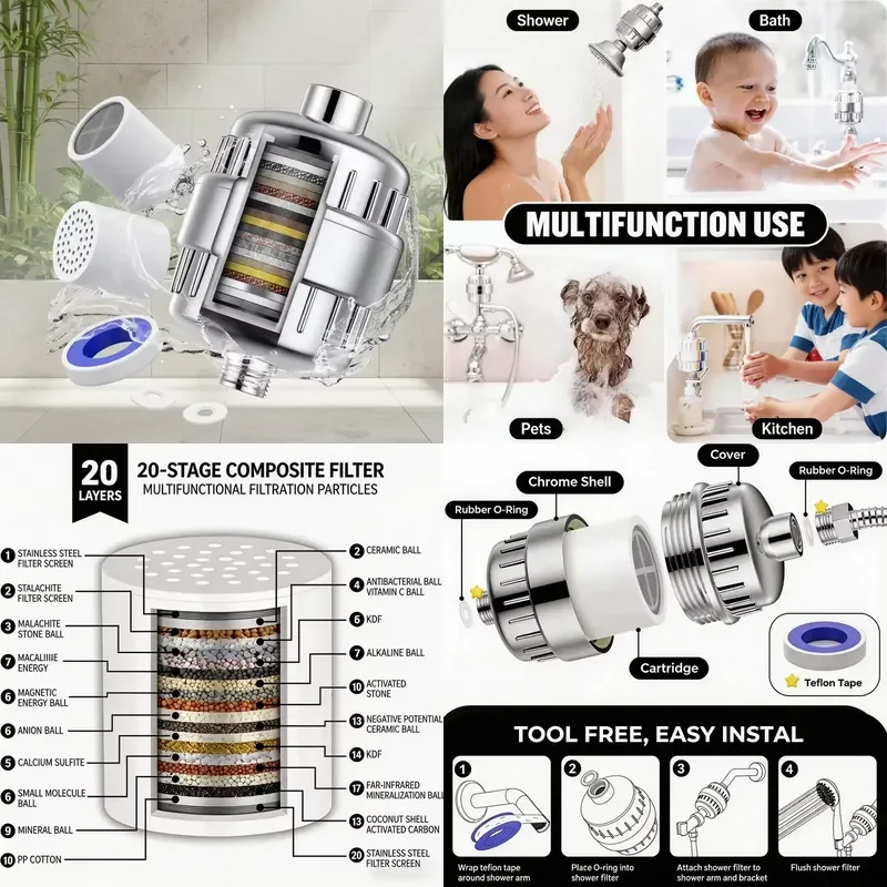 for 20 Stage Multi-Stage Shower Filter with 1 Cartridge for Hard Water Remove Chlorine Skin Care