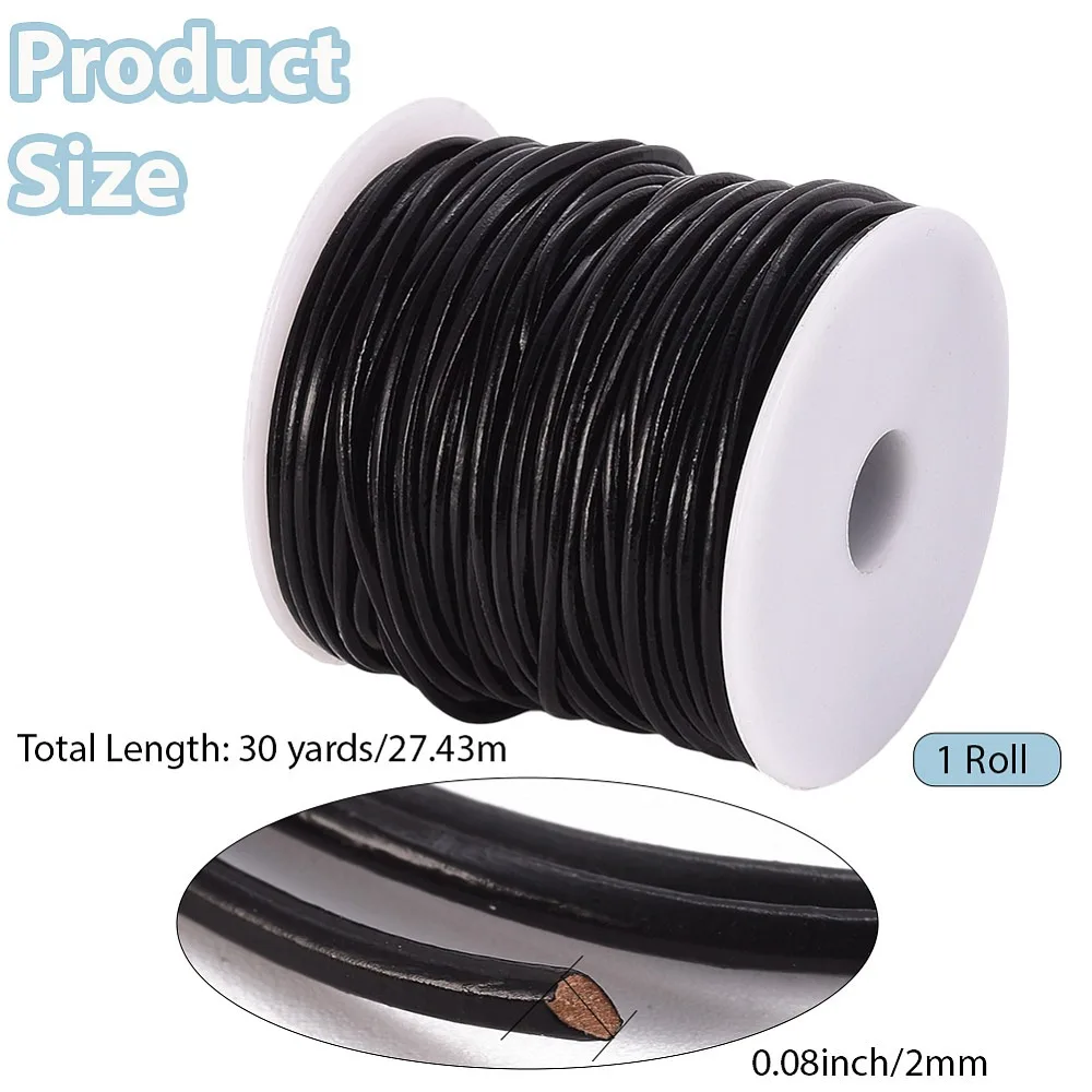 1 Roll Cowhide Leather Jewelry Cord Jewelry DIY Making Material with Spool Round Black 2mm 30 yards/roll