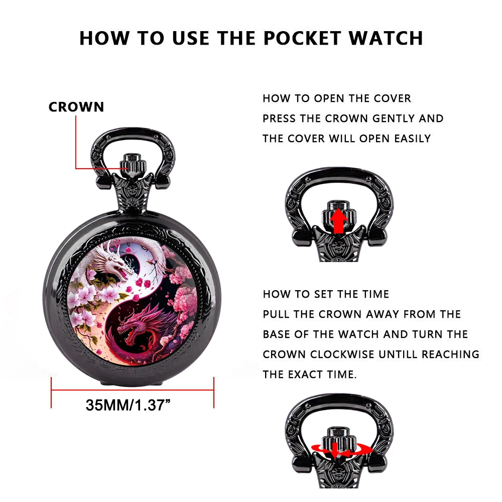 Creative Pink and white dragon Design Quartz Pocket Watches for Women Men Watch Unique Pendant Clock Necklace Kids Jewelry Gifts