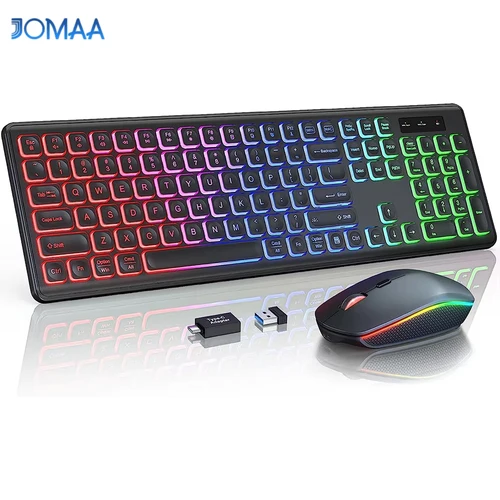 Combo de teclado y ratón inalámbricos con retroiluminación RGB, letras iluminadas recargables, tamaño completo, ergonómico, modo de suspensión, 2,4 GHz