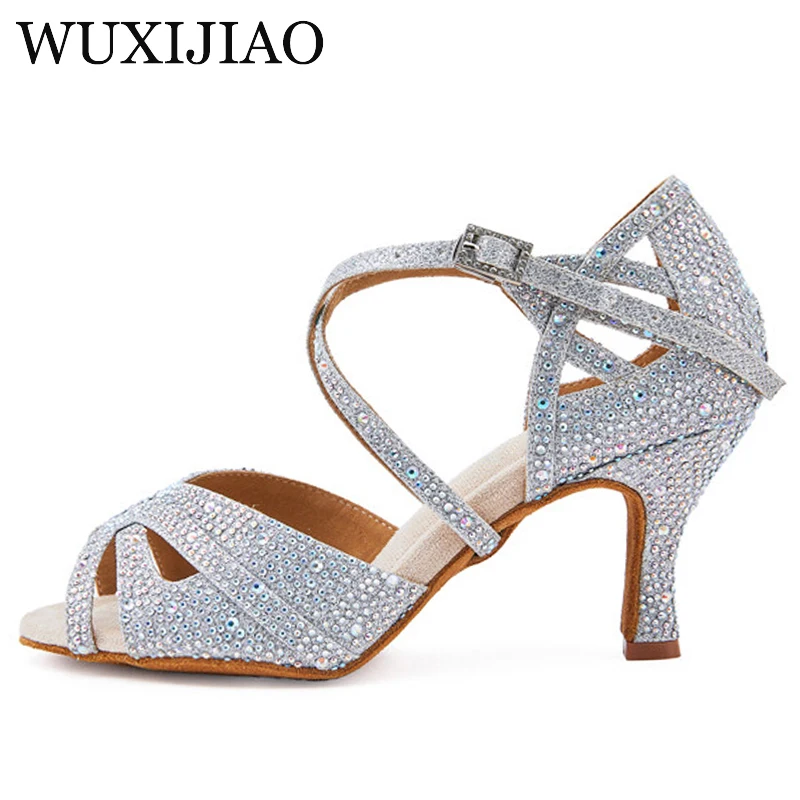 Latin Dance Shoes for Women Silver Sparkling Rhinestone Salsa Dance Performance Social Dance Shoes