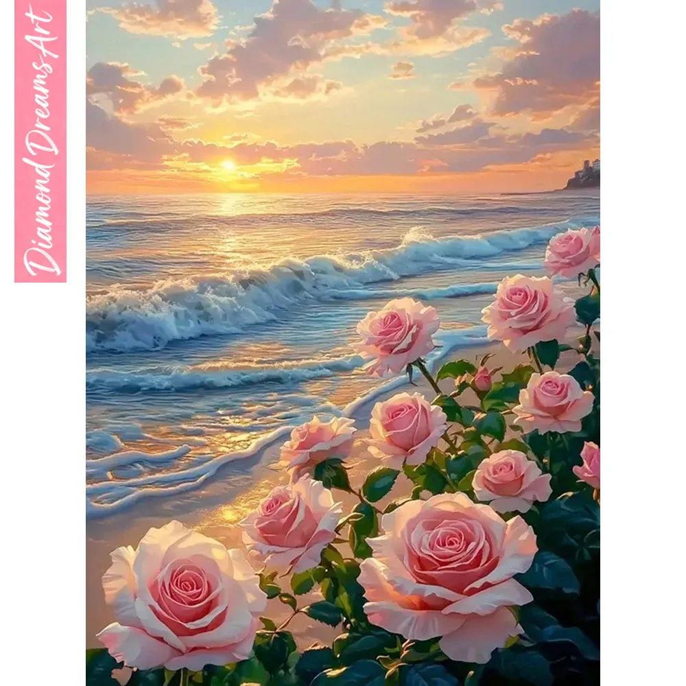 5D-Diamantgemälde zum Selbermachen, Blumenlandschaft am Meer, Wandkunst, Heimdekoration, Hängegemälde für Wohnzimmer, rahmenlos