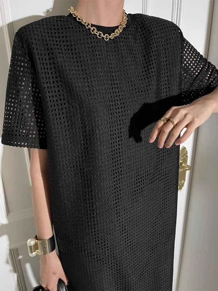 Chique Vintage ronde Ne Loose Casual Hollow out ort Sve Straight Tube Dr Dames Lente Dr Koreaanse Sle Long Dr