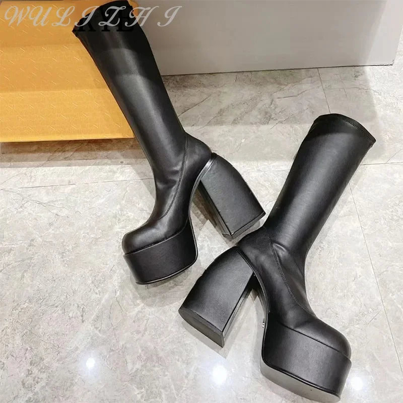 Designer Luxury Stretch Boots Women\'s Platform Chunky High Heel Knee High Boots Thick Bottom Leather Sexy Slip-On Shoes Botas