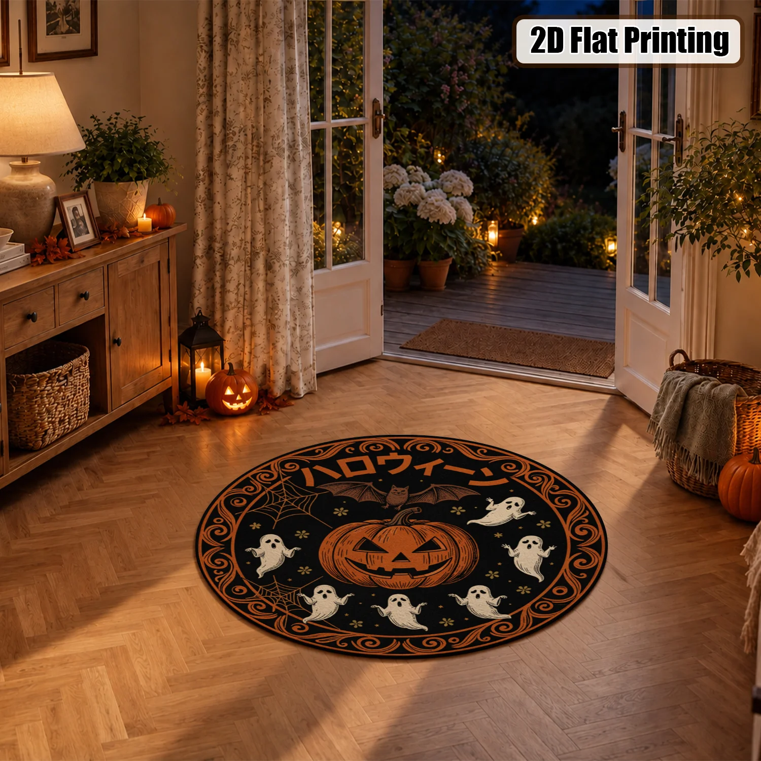 Soft Vintage Halloween Ghost Jack-o'-lantern Bat Spider Web Pattern Round Velvet Rug Machine Washable For Entryway Living Room Bedroom Halloween Thanksgiving Christmas Black Friday New Year Decoration