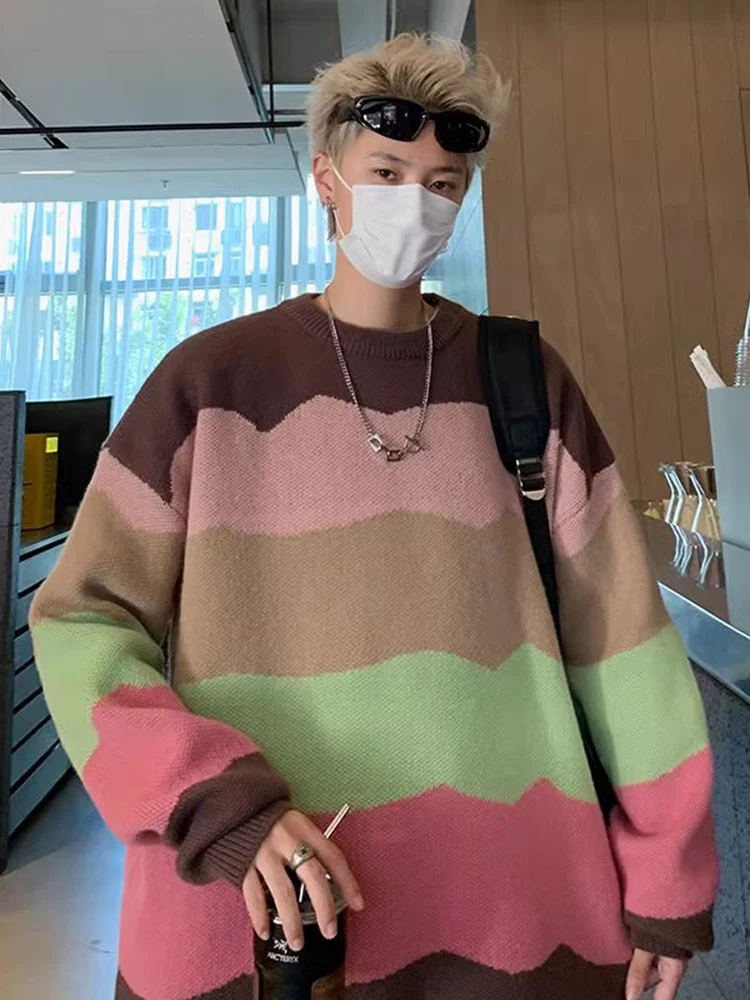 

Men's Autumn Winter Striped Knitwear Loose Long Sve round Ne Casual Comfortable Soft American Sle Teenager Base irt