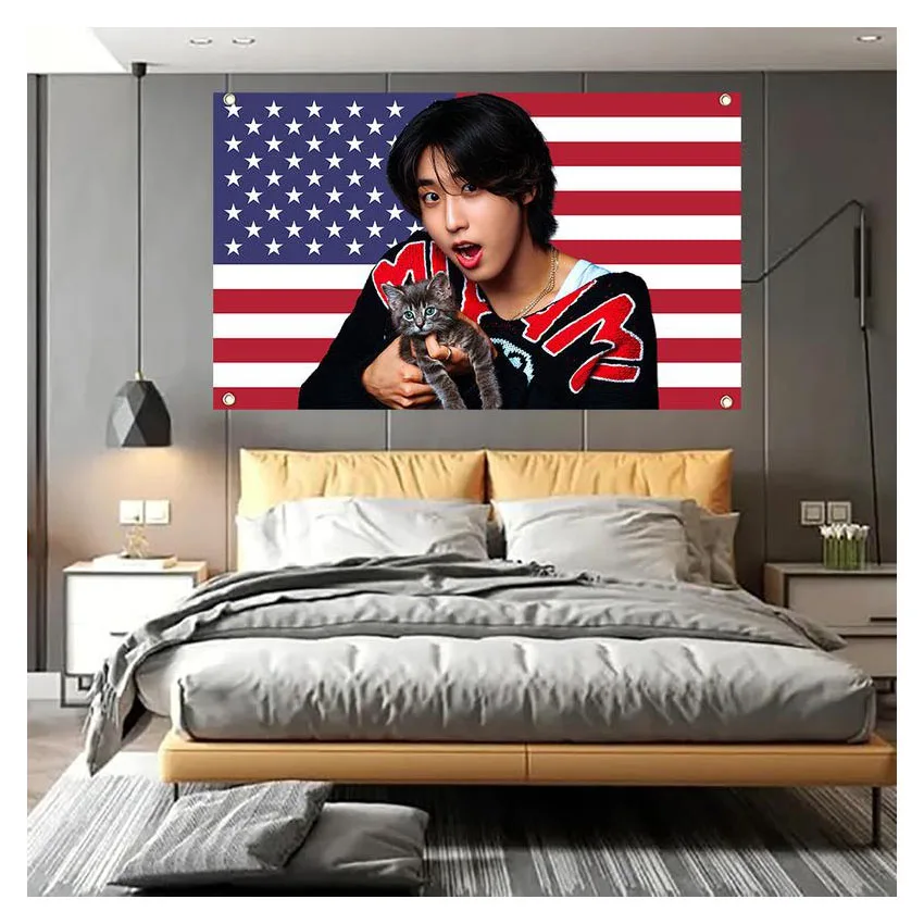 Han with a Kitten American Flag Funny Tapestry Wall Hanging Banner for Home Living Bedroom With 4 Brass Grommets