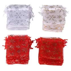 50pcs/lot Organza Gift Bag Hot Gold Color Printing Snowflake Drawstring Pouches For Wedding Christmas Party Candy Packing