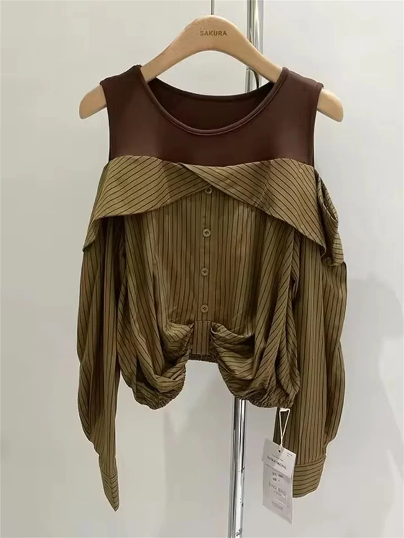

Pop Pop Fashion Fake Two-piece Shirts Women Patchwork Striped Off Shoulder Blouses Vintage Loose Casual Korean Daily Pullovers T