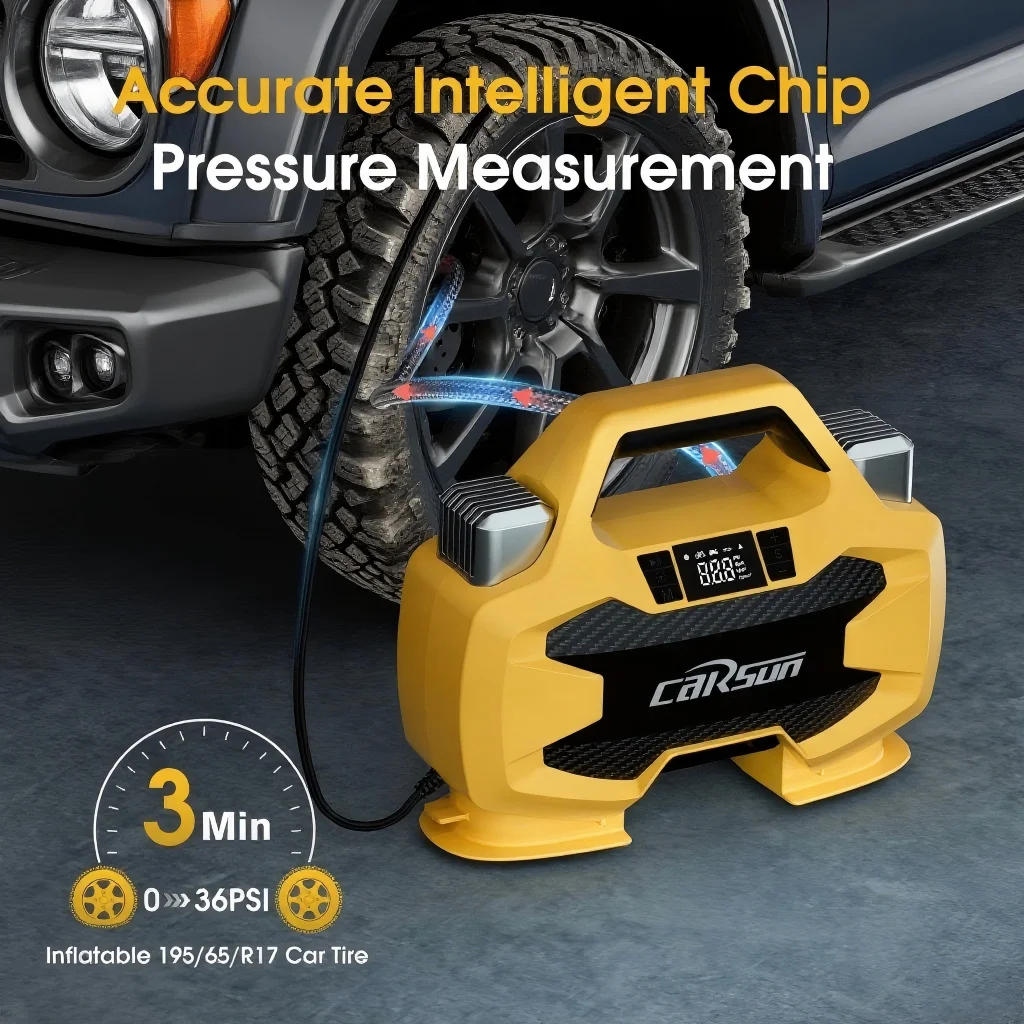 

Мощный двухцилиндровый воздушный насос Carsun: компактный, портативный и эффективный — идеально подходит для быстрого внедорожника и накачивания шин Rv.