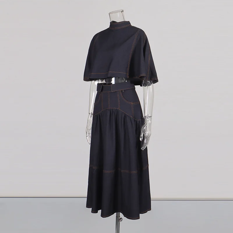 ANJY Autumn New Women Fashion Casual Two-Piece Set Cape Style Stand Collar Zipper Top High Waist Pleated Chic Denim Skirt A12157 image 2