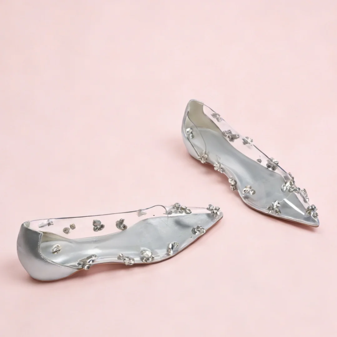 

Silver Transparent Rhinestone Big Diamond Single Shoes For Women's Summer Banquet Flat Bottom High Heels Set Wedding Shoes Lady