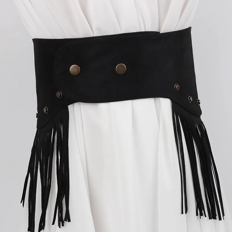 Bohemian Denim Waist Cincher - Western Fringe Belt for Skirts, Retro Cowgirl Corset Accessory with Tassel Details