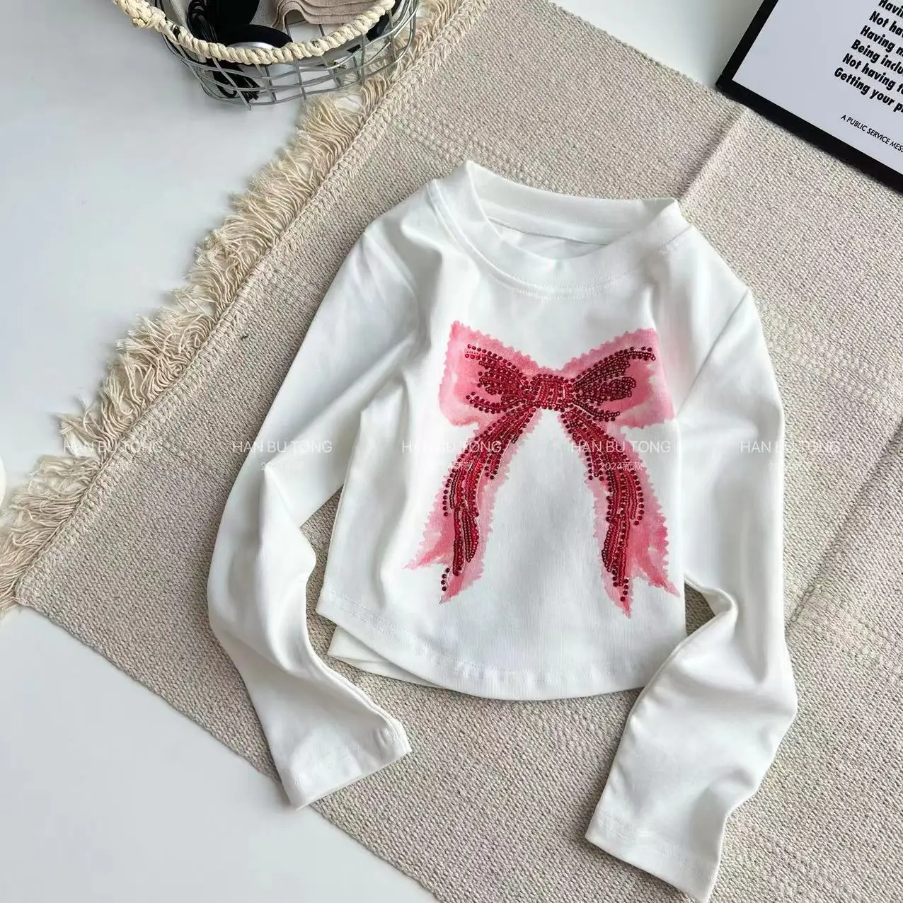 

Children's Pink Bow Print Headband Top Girl's Cute Casual Bottoming Shirt