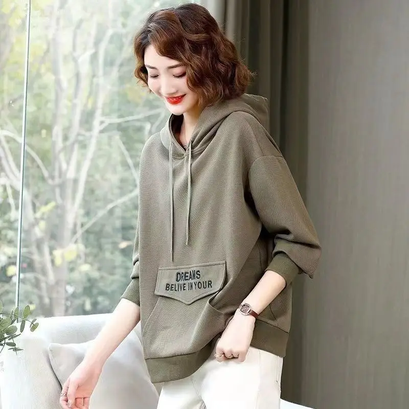 Grey Green Text Hoodies Women's Sweatshirt Letter Printing Cropped Woman Clothing Hooded Top Offer Korean Style Warm Nice Color