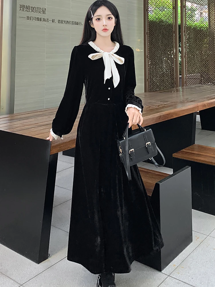 2024 Black Velvet Long Sleeve Chic Bow Collar Long Dress Korean Vintage Hepburn Women\'s Dress Gown Autumn Winter Elegant Dresses