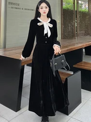 2024 Black Velvet Long Sleeve Chic Bow Collar Long Dress Korean Vintage Hepburn Women's Dress Gown Autumn Winter Elegant Dresses