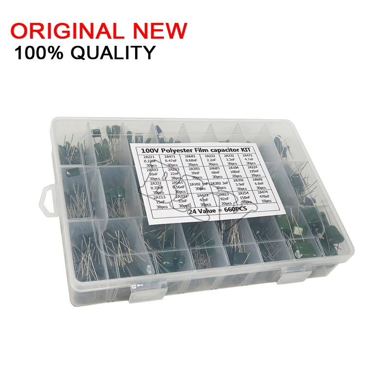 660PCS 24Value Capacitor Kit 100V 2A221J To 2A474J Polyester Film Capacitor Assorted Kit 0.47nF 0.68nF 1nF 2.2nF Capacitors