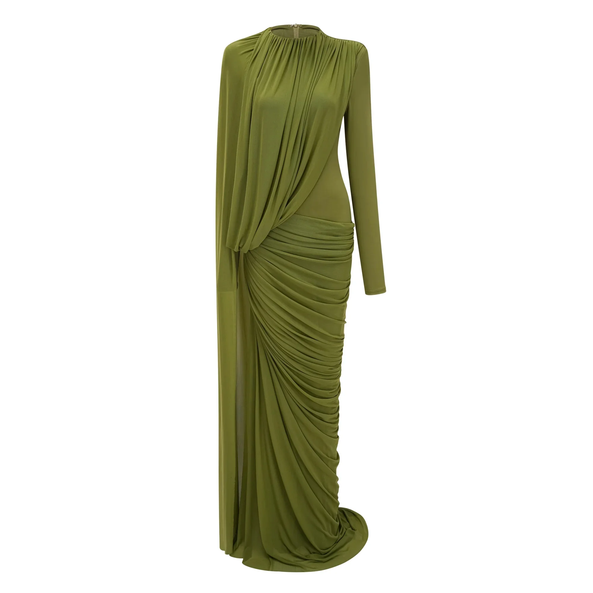 

Luxury Olive Green High Neck Long Sleeve Maxi Dress Ruched Bodycon Formal Evening Gown Elegant Party Red Carpet Dress